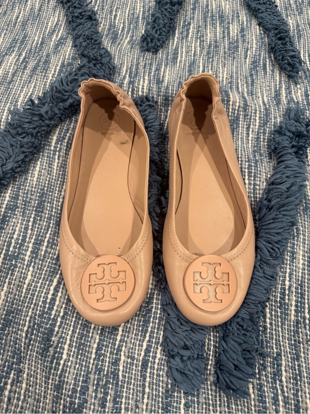 Tory Burch Blush Leather Logo Round-Toe Ballet Flats